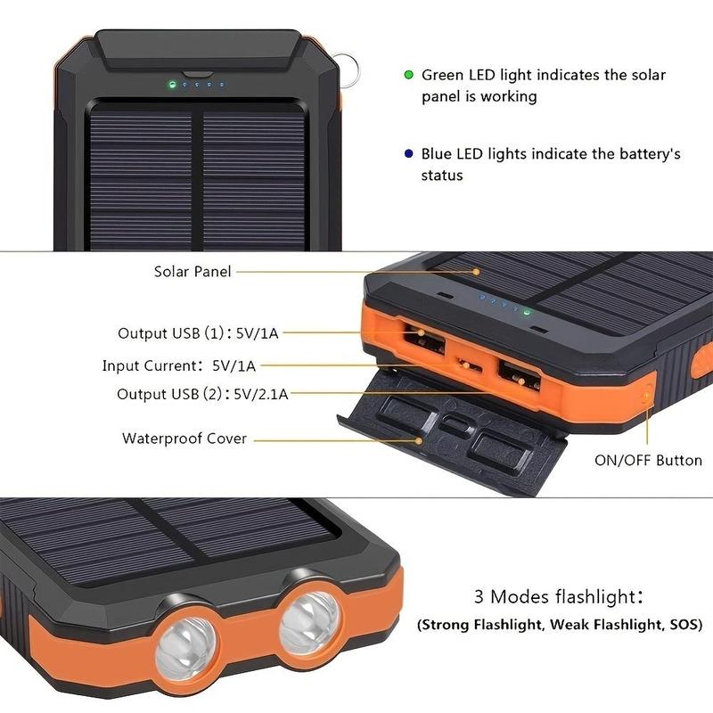 Solar Powered Power Bank, 10000mAh Portable Solar Phone Charger with LED Flashlight, Charging Indicator & Compass, Chargeable Device for Outdoor, Camping, Travel, Smartphone Accessories