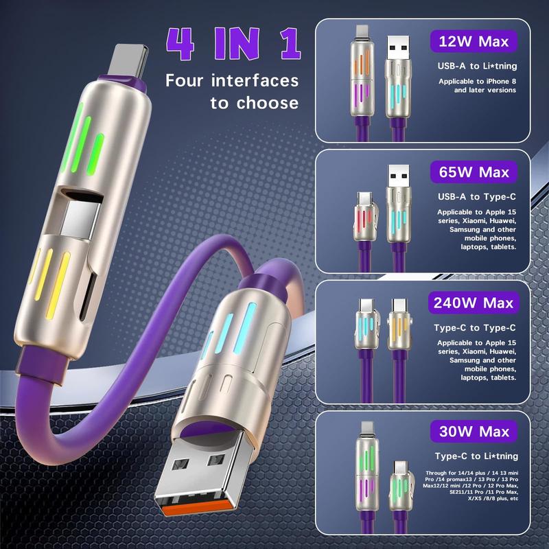 4-in-1 Multi USB Charging Cable(5ft)-MAX 240W Fast Charging Charger Cord with USB A+Type C foriPhone 16 15 14 13 iPad SamsungGalaxy MacBook iPad Tablets and More