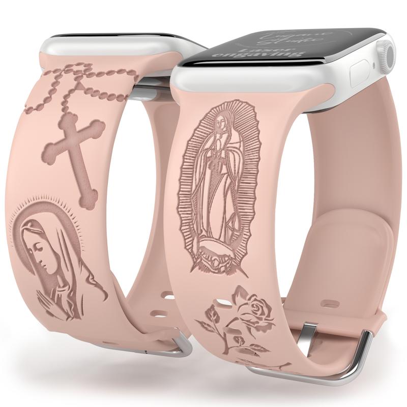 SuperLugano Virgin Mary with Cross Watch Band compatible with iWatch Smartwatch Laser Engraved Band Silicone Ultra 38mm 40mm 41mm 42mm 44mm 45mm 46mm 49mm Strap Virgin De Guadalupe Jesus God Accessories Wearable Personalized