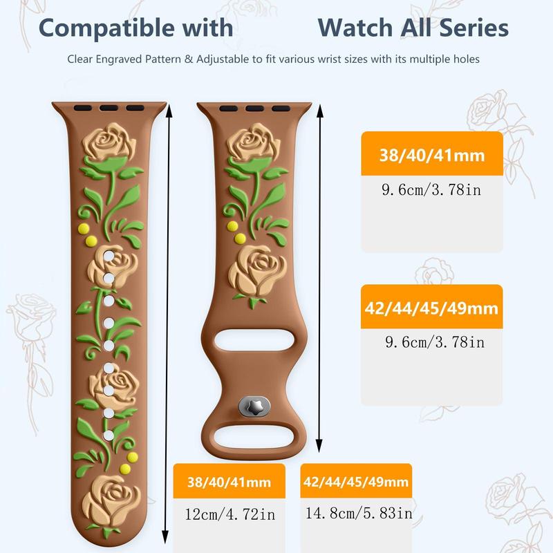 3D Floral Embossed Watch Band for Apple Watch Bands Women 38mm to 49mm, 2 Counts Engraved Cute Flower Soft Silicone Watch Band for iWatch Series 9 8 7 6 5 4 3 2 1 Ultra SE, Wearable Accessories, Smart Watch Band