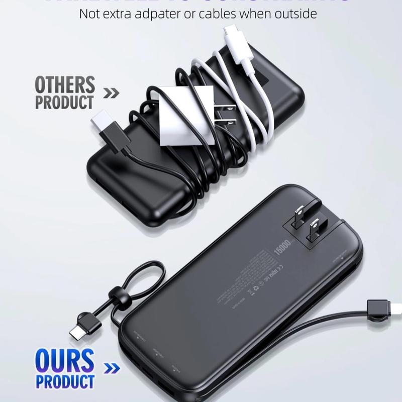 Portable Charger, Power Bank, 15000mAh Battery Pack Fast Charging Lightweight, Built-in AC Wall Plug and 2 Output Cables with LED Display for iPhone15 14 13 12 11 Samsung iPad etc