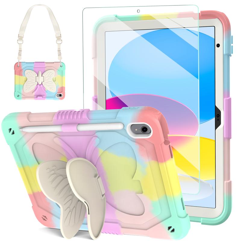 Butterfly Wings Cute Colorful Kids Girls Case for iPad 10th Gen 10.9 10.2 Air Pro Mini 2024, Samsung A9 Plus A8 A7 Lite, Cute Kawaii Pinki Padcase with Pen Holder, Handsfree Stand, Hand Strap, Shoulder Strap, Heavy Duty, Full Body Protection.