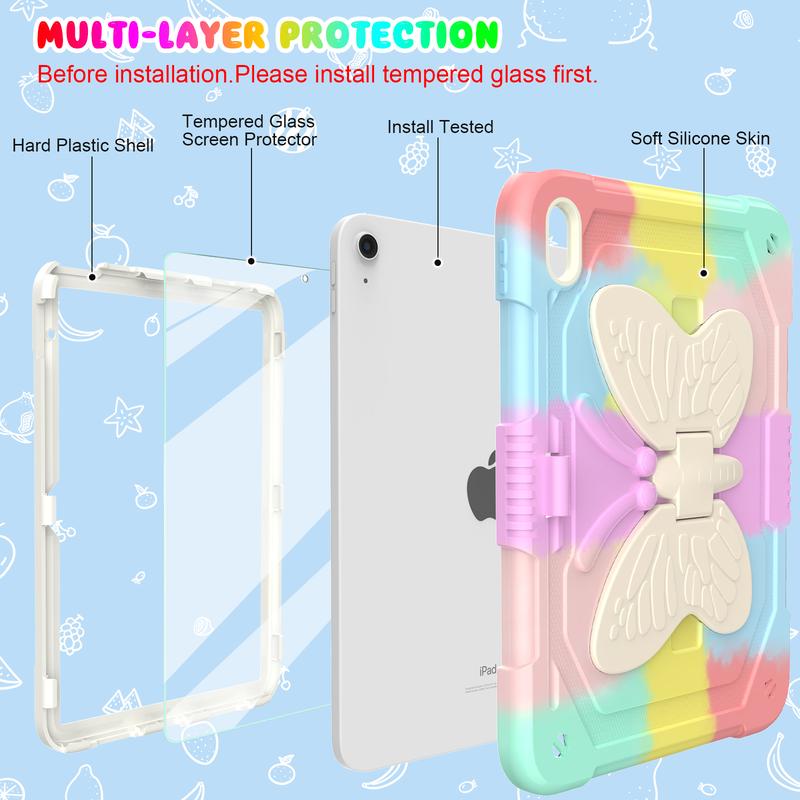 Butterfly Wings Cute Colorful Kids Girls Case for iPad 10th Gen 10.9 10.2 Air Pro Mini 2024, Samsung A9 Plus A8 A7 Lite, Cute Kawaii Pinki Padcase with Pen Holder, Handsfree Stand, Hand Strap, Shoulder Strap, Heavy Duty, Full Body Protection.