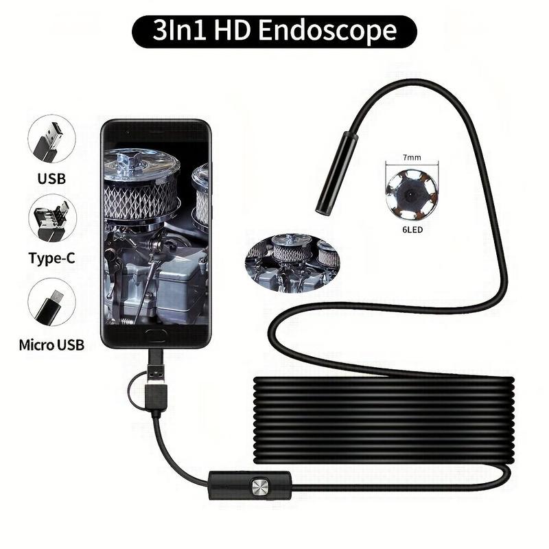 3 In 1 HD Endoscope, 1 Count USB Inspection Camera, HD Display Sink Drain Pipe Camera with 6 LED Light, Adjustable Brightness Industrial Endoscope