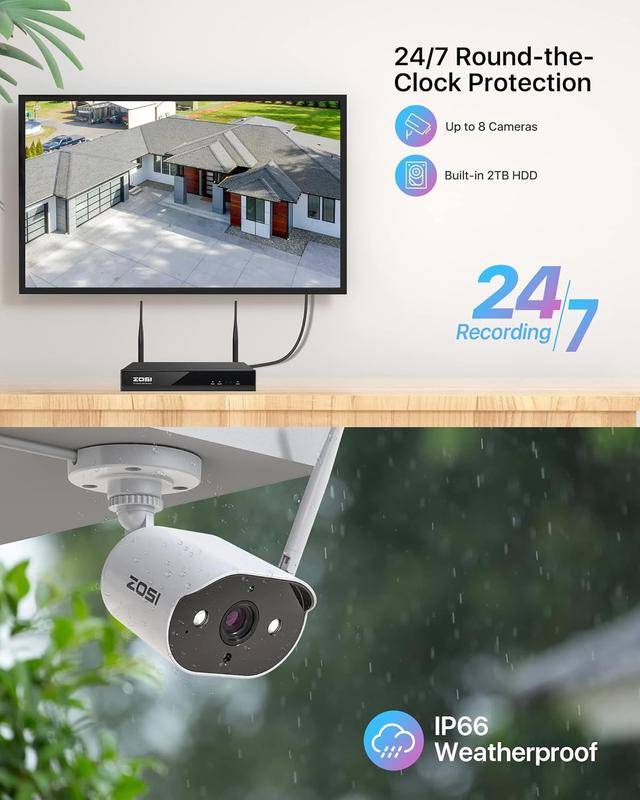 ZOSI 8CH 2K Wireless Home Security CCTV Camera System with 2TB HDD,8X 3MP WiFi Indoor Outdoor Cameras,Color Night Vision,Two-Way Audio,Light & Siren Alarm cctv  camera wireless camera