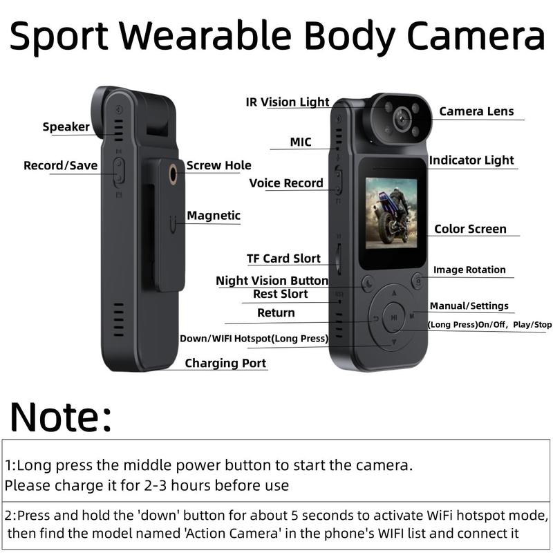 4K Outdoor Sports Camera, USB Rechargeable Portable Action Camera with 180° Rotatable Lens & 1.45in LCD Screen, Durable & Wearable Sports Camera for Outdoor, Sports, Law Enforcement