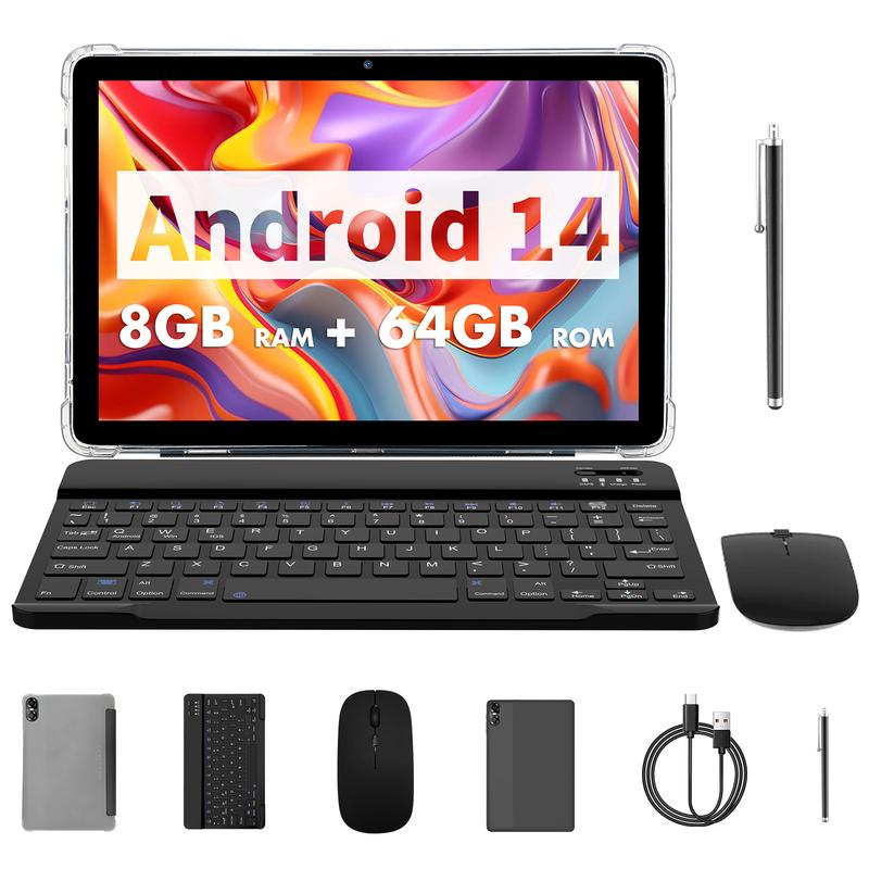 10-inch Tablet Android 14, Octa-Core Processor, 5G 2.4G WiFi6, 6000mAh Battery, 2 in 1 Tablet ,HD IPS Display ,64GB with Keyboard, a Customized Case, Mouse, Dual Camera, Perfect for Work and Play!