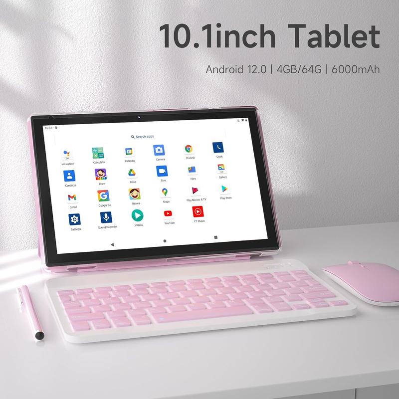 10 inch Android 12 Tablet with Keyboard, 2 in 1 Tablets Set Include Case Mouse Stylus Film, 4GB RAM+64GB ROM, Quad Core 10.1'' Tab, 6000mAh Battery, 8MP Dual Camera,  GMS Certification Tableta Card Expandable Card Expandable