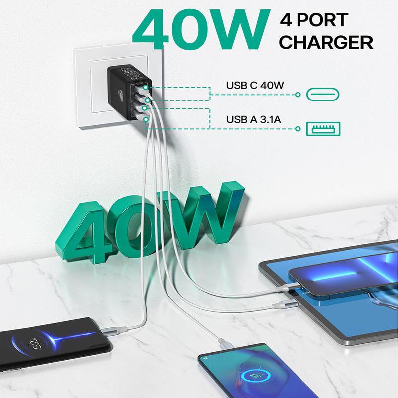 Aioneus 4 in 1 Wall Charger, 40W Fast Travel Charger Block, 4-Port PD Power Adapter + QC Wall Plug Multiport Type C Charging Block Cube