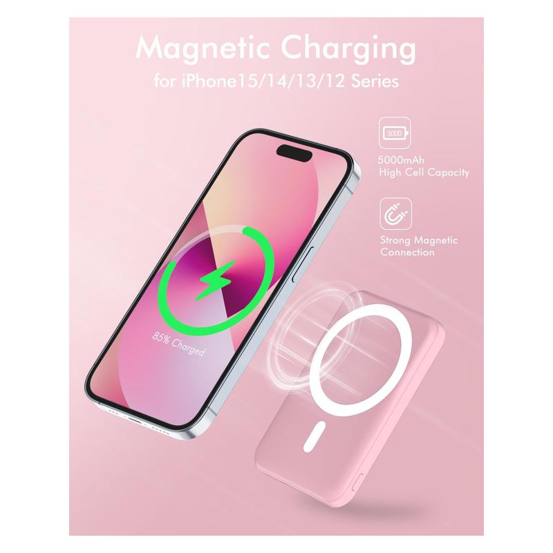 Ultra-thin Podoru 5000mAh Portable Power Bank, Magnetic Battery Pack Fast Wireless Charger and Type-C Cable, Magsafe for iPhone 16 15 14 13 12 Series