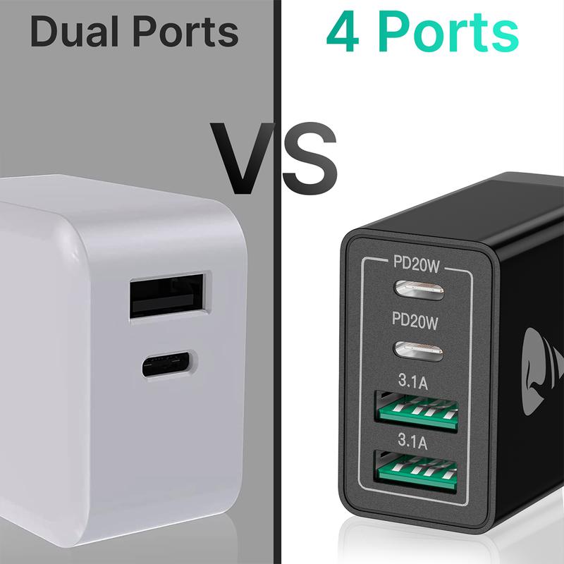 Aioneus 4 in 1 Wall Charger, 40W Fast Travel Charger Block, 4-Port PD Power Adapter + QC Wall Plug Multiport Type C Charging Block Cube