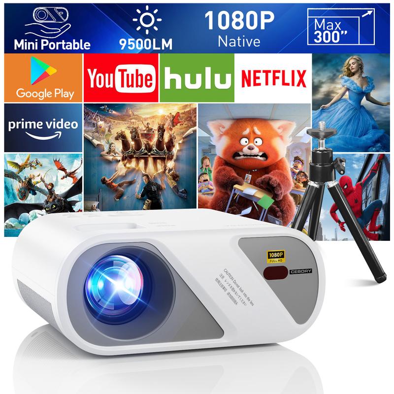 Projector, Full HD 1080P Video Projector With Tripod, Portable Mini Outdoor Movie Projector For iPhone, Home Theater Projector Compatible With HDMI USB AV Smartphone TV Stick Laptop