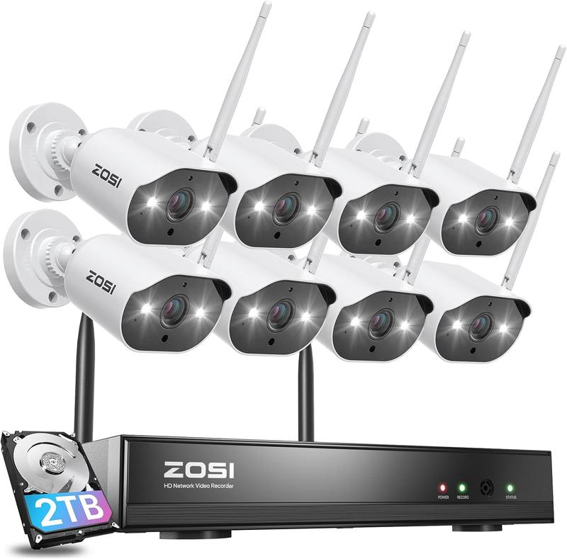 ZOSI 8CH 2K Wireless Home Security CCTV Camera System with 2TB HDD,8X 3MP WiFi Indoor Outdoor Cameras,Color Night Vision,Two-Way Audio,Light & Siren Alarm cctv  camera wireless camera