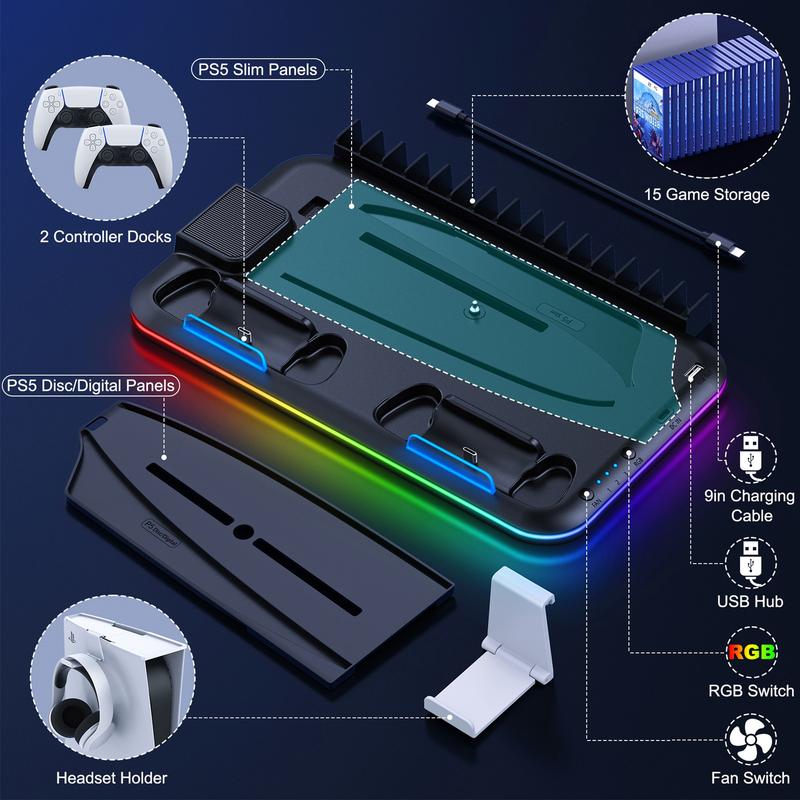 PS5 Slim Stand and Turbo Cooling Station with Controller Charging Station for Playsation 5, PS5 Accessories Kits Incl. 3 Levels Cooling Fan, RGB LED, 15 Game Slot, Headset Holder for PS5 Digital Disc