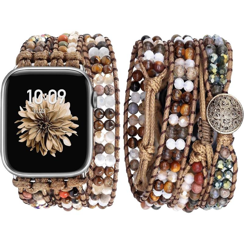 Boho Beaded Watch Bands for Women Compatible with Apple Watch Band 38mm 40mm 41mm Brown Stone Bracelets Adjustable Handmade Braided Rope Watch Strap for iWatch Series 9 8 7 6 5 4 3 2 1 SE Ultra