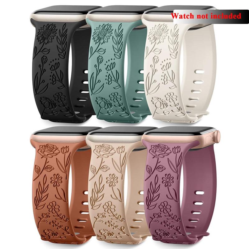 Flower Engraved Watch Band, 6 Counts Soft Silicone Watch Band for Women, Wearable Accessories Compatible with iWatch Series Ultra Ultra 2 SE 9 8 7 6 5 4 3 2 1