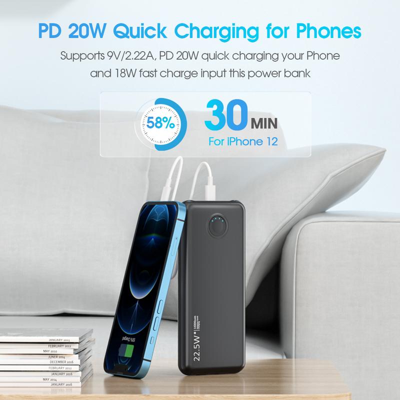 Portable-Charger Power-Bank Cell Battery Fast-Charging - 12,000mAh with Built-in Cables&Cords, 22.5W QC & 20W PD, USB Type C, TSA Approved - External Battery for iPhone, Android, Samsung