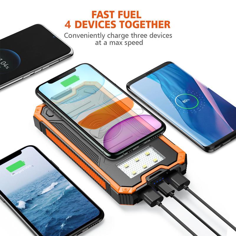 2-USB Ports Solar Power Bank, Wireless Solar Portable Charger for iPhone Huawei Phone, Wireless Solar Phone Charger with LED Light Flashlight, Mobile Charging Device, Smartphone Chargeable Accessories, Back to School