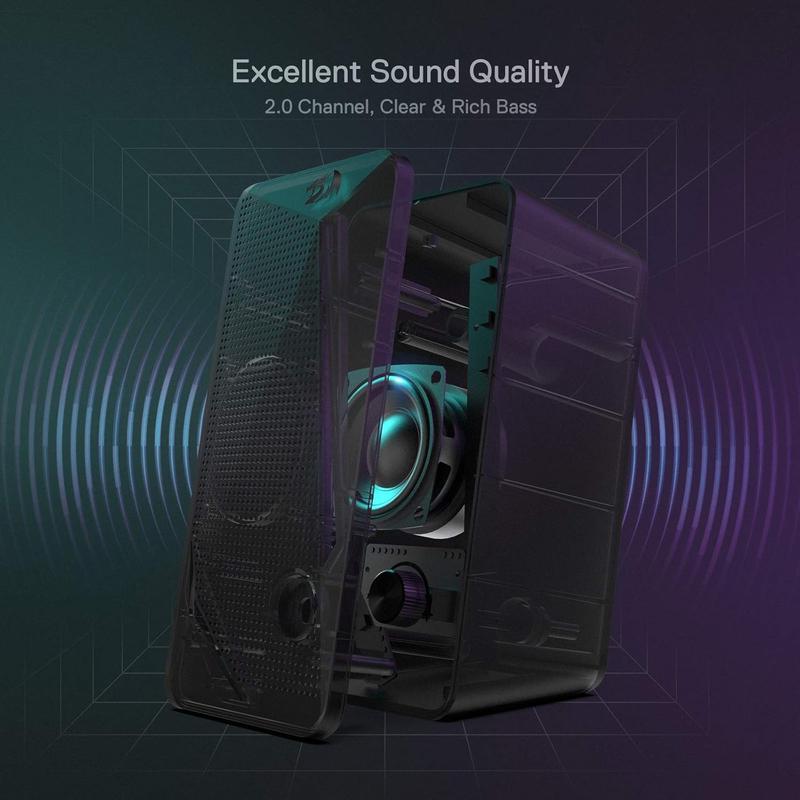 Redragon GS510 RGB Desktop Speakers, 2.0 Channel PC Computer Speaker with 4 Colorful LED Backlight Modes, Enhanced Bass and Easy-Access Volume Control, USB Powered w  3.5mm Cable