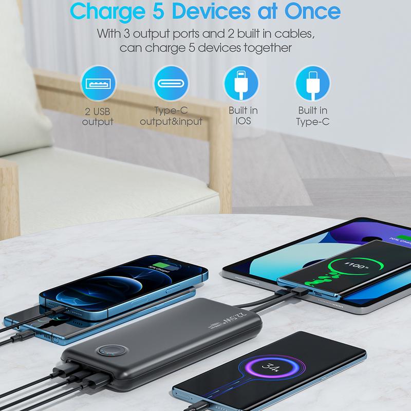 Portable-Charger Power-Bank Cell Battery Fast-Charging - 12,000mAh with Built-in Cables&Cords, 22.5W QC & 20W PD, USB Type C, TSA Approved - External Battery for iPhone, Android, Samsung