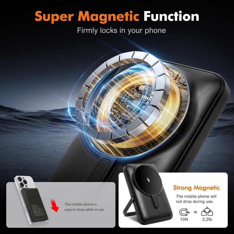 Magnetic Power Bank, 10000mAh Foldable Wireless Portable Charger with Type-C Cable LED Display, Foldable Stand Mag-Safe Battery Pack Fast Charging for iPhone 16 15 14 13 12 Pro Pro Max Plus Mini power bank wireless charger Super Fast chargers