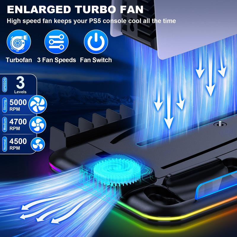 PS5 Slim Stand and Turbo Cooling Station with Controller Charging Station for Playsation 5, PS5 Accessories Kits Incl. 3 Levels Cooling Fan, RGB LED, 15 Game Slot, Headset Holder for PS5 Digital Disc