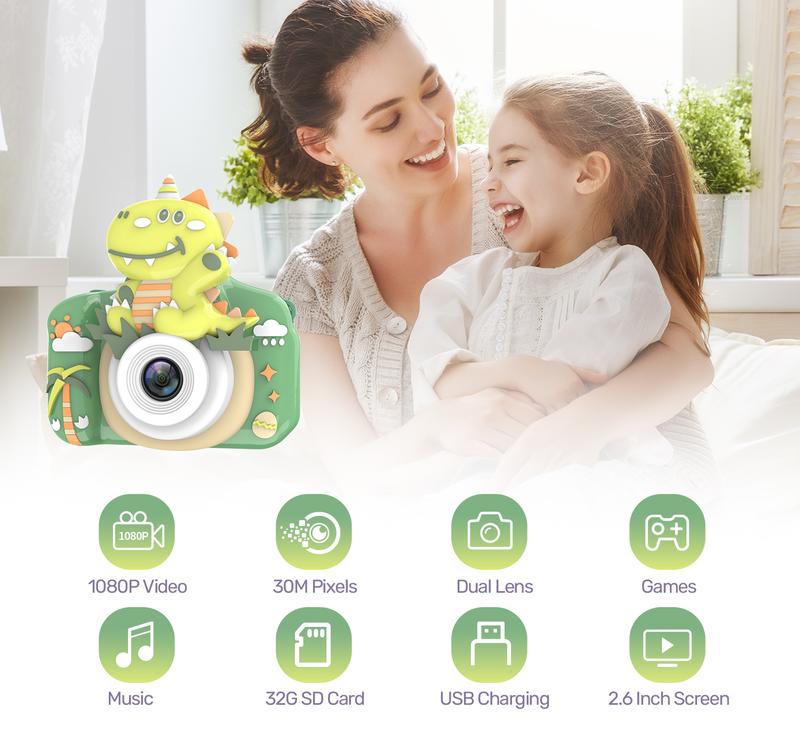 Dinosaur Digital Camera Toys ,1 Piece USB Rechargeable Camera With  Lanyard & Memory Card Reader for The Little Ones Christmas or Birthday Gifts