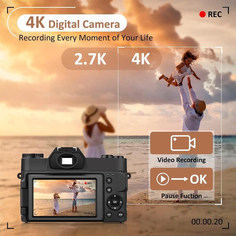 4K Digital Camera, Vlogging Camera  Compact Camera for Photography with 32GB SD Card 180°Flip Screen Point and Shoot Digital Cameras Camcorders