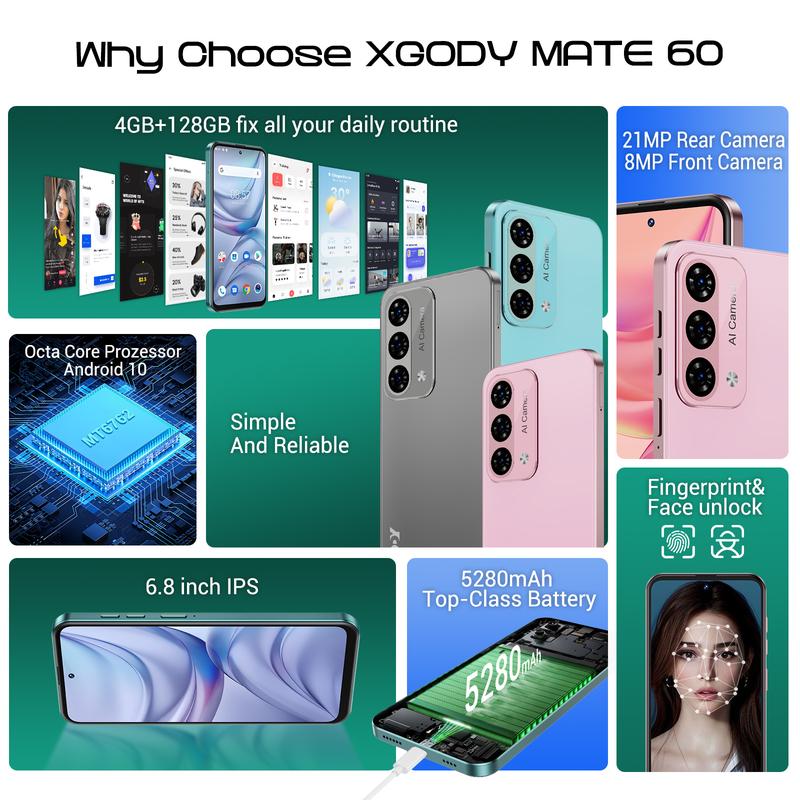 Xgody Mate 60 Unlocked Cellphone - 6.79'' HD+ Display, 21MP Camera & 5280mAh Battery for Ultimate Performance! 4G US Smartphone