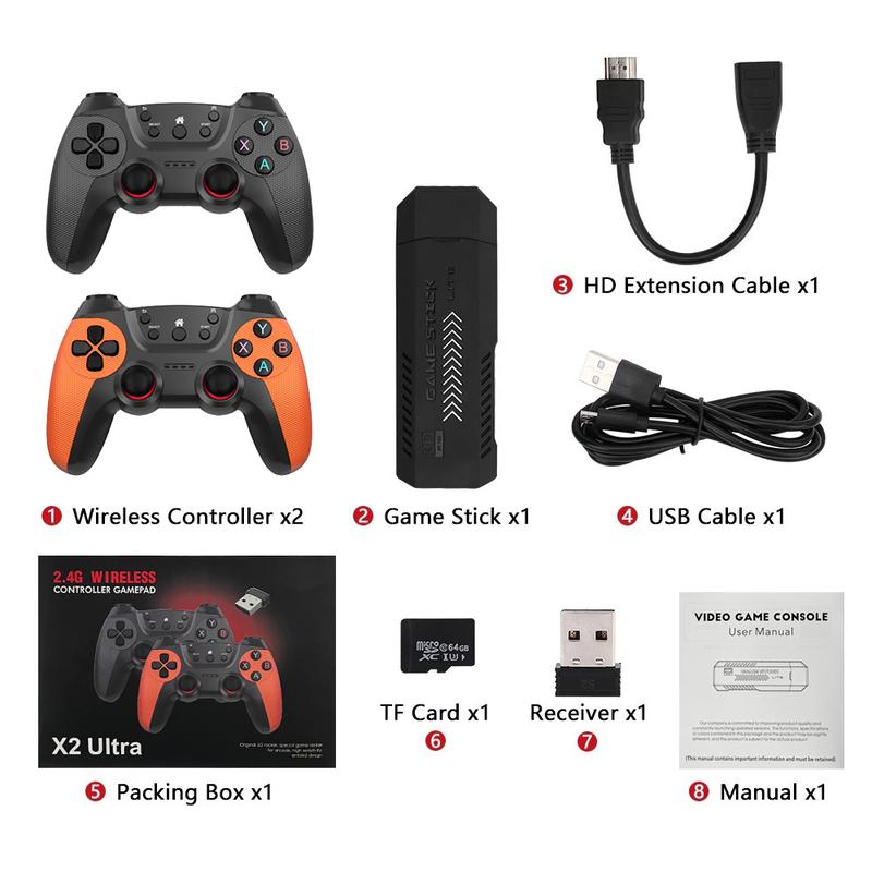 x2 ultra 2.4G Twin Wireless Gamepad, Game Stick , Built-in 128g memory and 30,000 games, support more than 40 kinds of emulators, two player retro game console, family game console, classic arcade games, husband kids' gifts