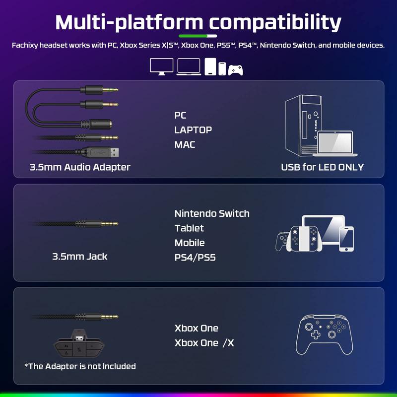 FC100 Stereo Surround Sound Quality Gaming Headset - Surround Sound Quality with Responsive 50mm Dual Neodymium Audio Drivers with Microphone for PS4 PS5 PC Nintendo Switch, Xbox One, RGB Light, Gamer Headset with Mic Earphones Headphone Earbud Electronic