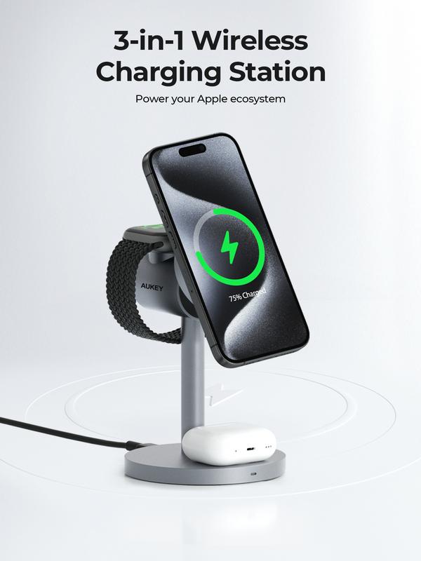 AUKEY LC-MC311 Magnetic Qi2 15W Wireless Charging Station 3 in 1 Adjustable Angle Charger For iPhone Apple Watch AirPods