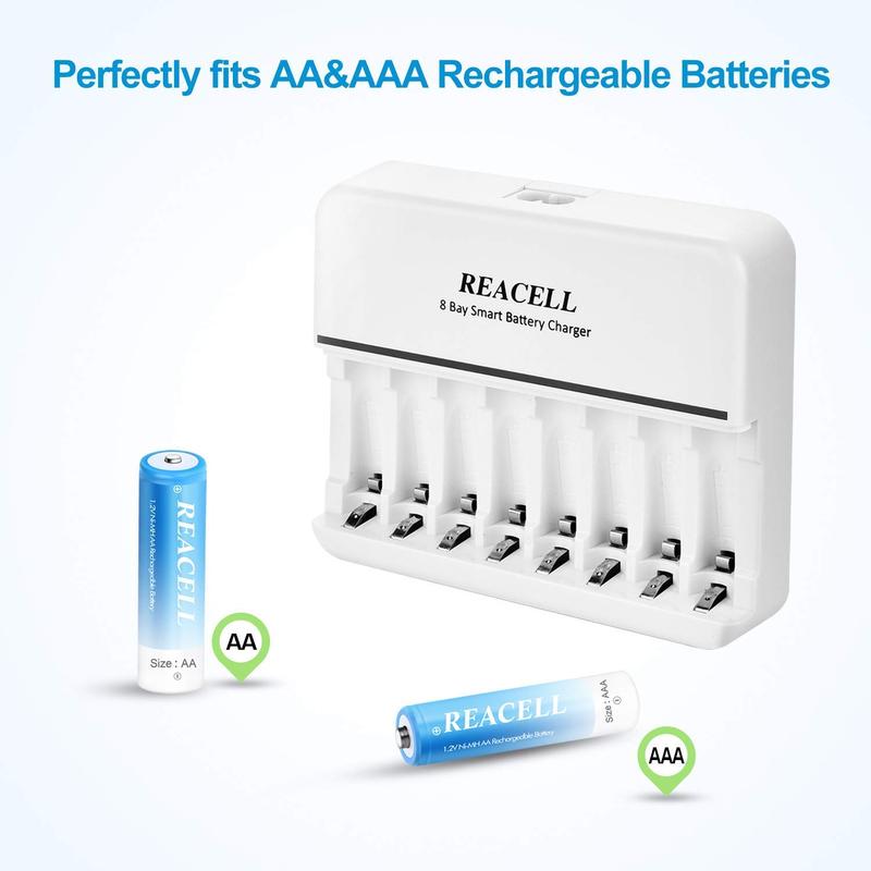 8 Slots AA AAA Battery Charger, 8 Bays Individual Fast AC Charger for Ni-MH Ni-CD AA AAA Rechargeable Battery