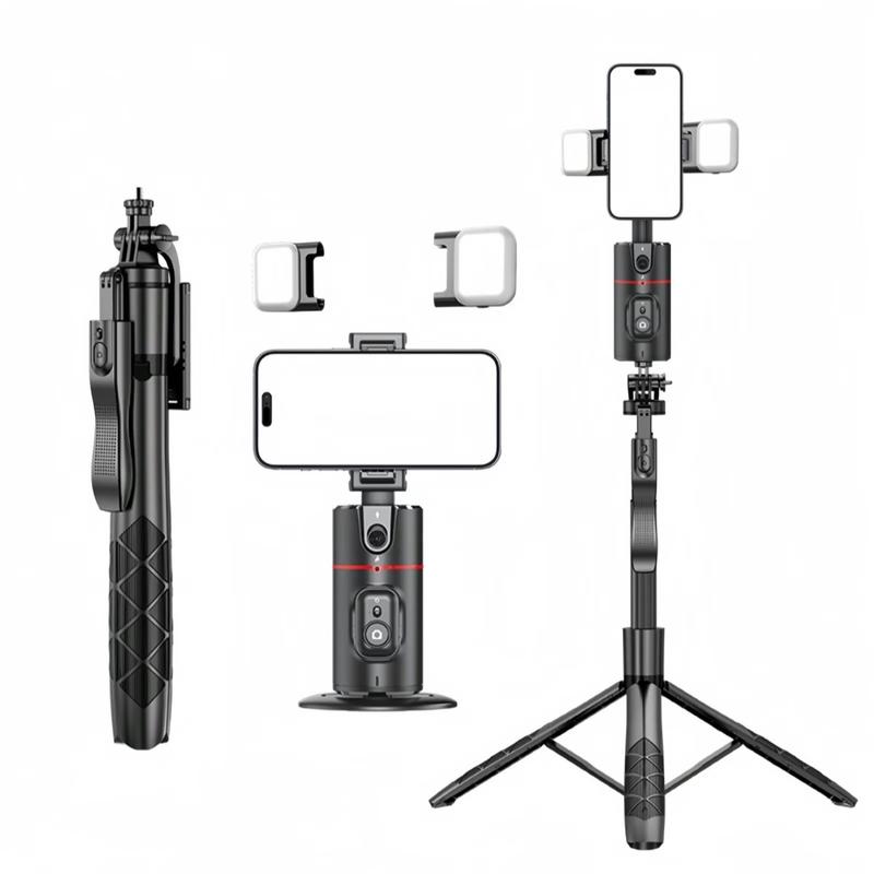 AI Face Recognition Phone Tripod for iPhone or Android - Cellphone Selfie Stick Gimbal - Smartphone with 360 degree rotation, adjustable height, easy storage, lighting for the perfect lighting in any location