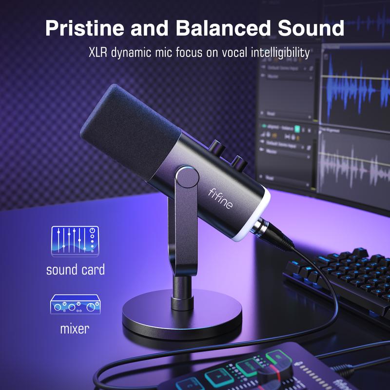 Fifine AM8 XLR USB Gaming Microphone for Podcast Recording, Dynamic RGB Microphone with Quick Mute, headphone jack, Gain Knob, Volume Control, Desktop Computer Mic for PC Gamer Audio Smartphone