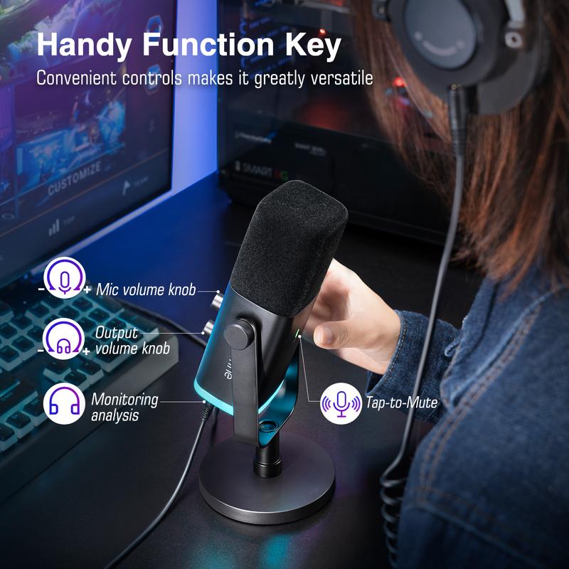 Fifine AM8 XLR USB Gaming Microphone for Podcast Recording, Dynamic RGB Microphone with Quick Mute, headphone jack, Gain Knob, Volume Control, Desktop Computer Mic for PC Gamer Audio Smartphone