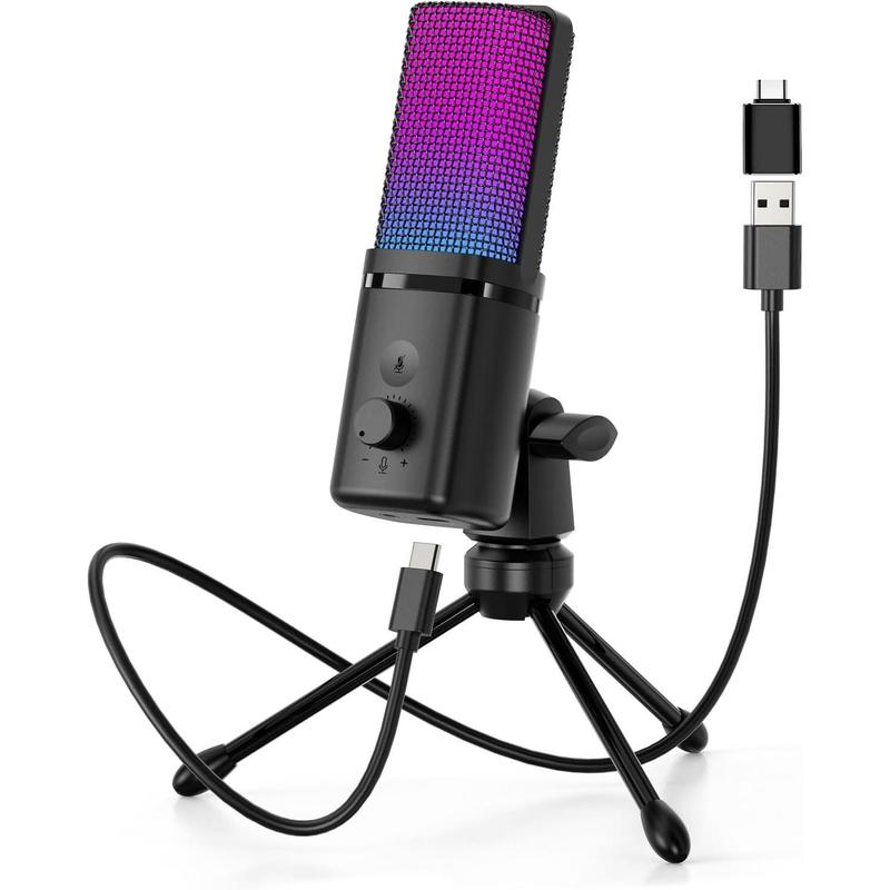 M160 Gaming USB Microphone, RGB Condenser Microphone with Tripod, Volume Adjustment and Mute Button Function, Compatible with PC, Laptop, for Gaming, Podcasting, Streaming, YouTube