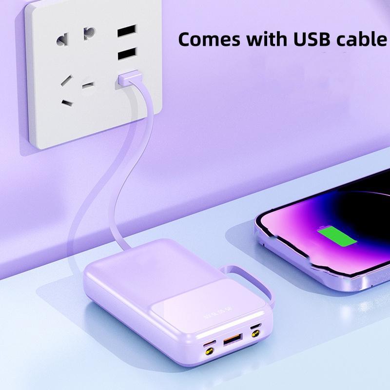 10000mAh Portable Power Bank, 1 Count Mini Power Bank with 3 Built-in Cable, USB Charger for iPhone 15 14 13 Samsung Android Series