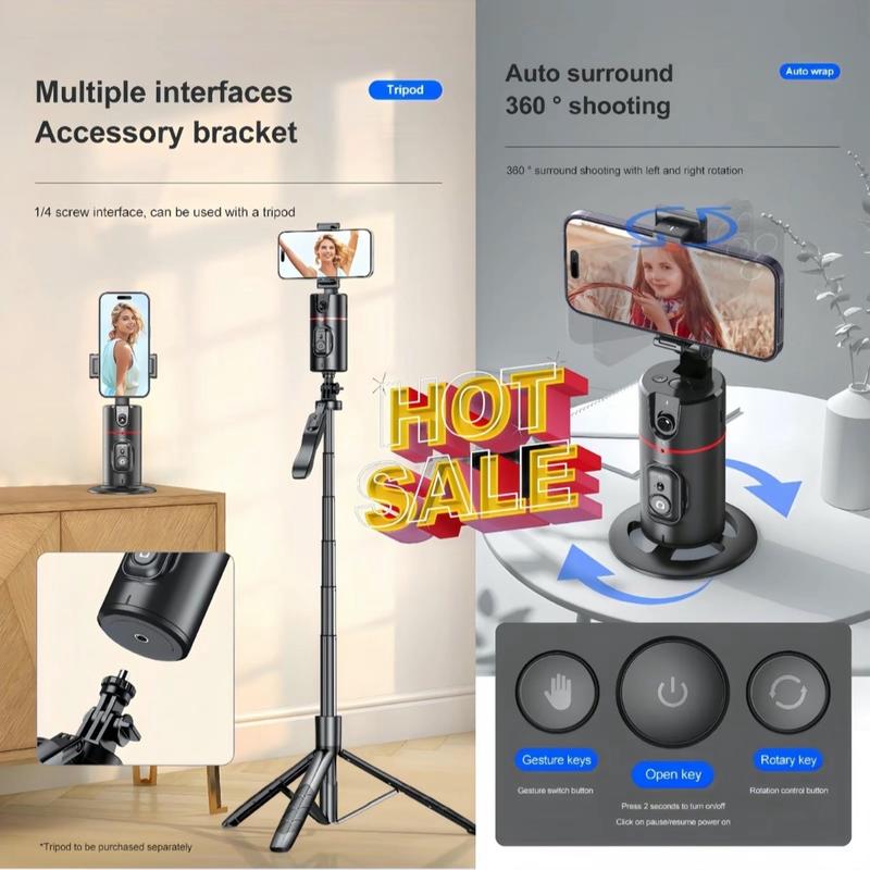 AI Face Recognition Phone Tripod for iPhone or Android - Cellphone Selfie Stick Gimbal - Smartphone with 360 degree rotation, adjustable height, easy storage, lighting for the perfect lighting in any location