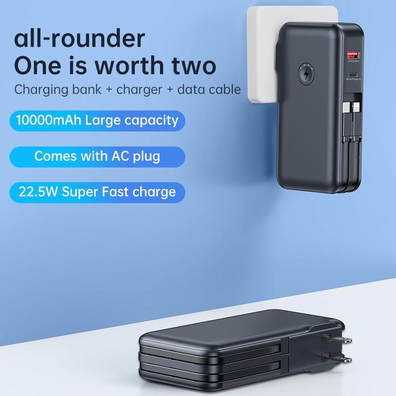 Portable Power Bank with US Standard Plug for Music Festival, 10000mAh Mobile Charger with 2 Wire Output Cables, Built-in SCP22.5W QC4.0+PD20W Fast Charging, Suitable for iPhone Android, Phone Accessories