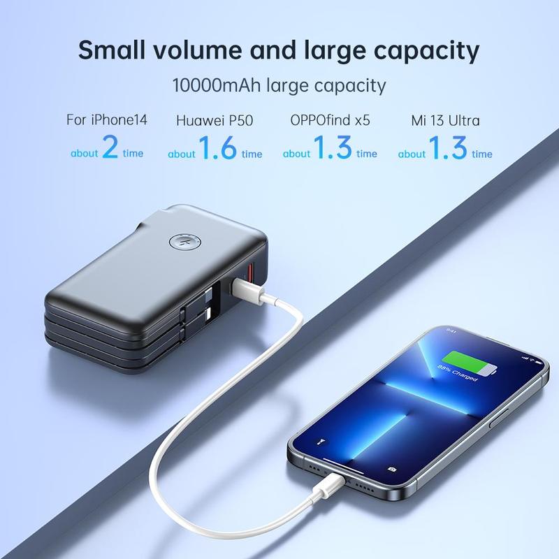 Portable Power Bank with US Standard Plug for Music Festival, 10000mAh Mobile Charger with 2 Wire Output Cables, Built-in SCP22.5W QC4.0+PD20W Fast Charging, Suitable for iPhone Android, Phone Accessories