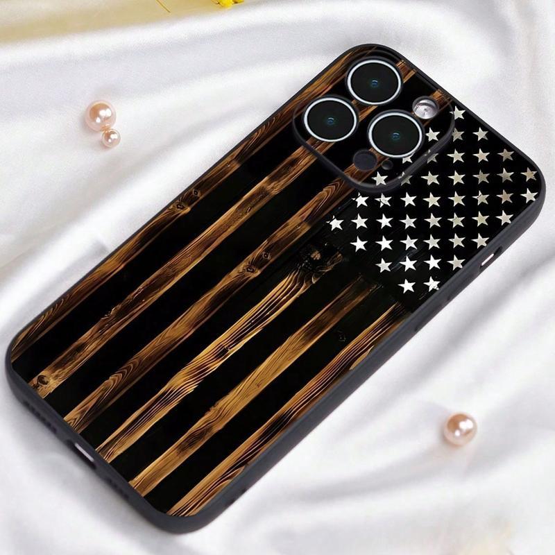 Wood Grain & American Flag Pattern Phone Case, Anti-drop Shockproof Phone Protective Cover, Phone Accessory Compatible with iPhone