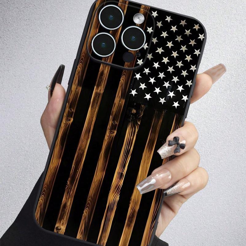 Wood Grain & American Flag Pattern Phone Case, Anti-drop Shockproof Phone Protective Cover, Phone Accessory Compatible with iPhone