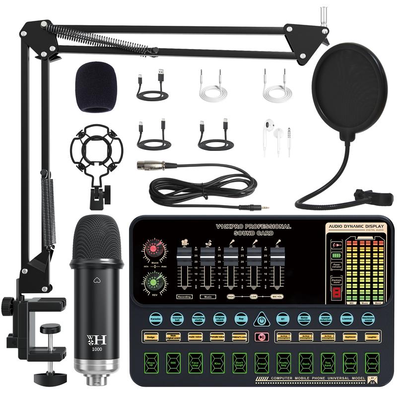 Professional Studio Condenser Microphone,Podcast Microphone Sound Card Kit & V10XPRO Live Mixer Voice Changer Audio Interface Audio Mixer for Singing Gaming Recording Streaming YouTube PC