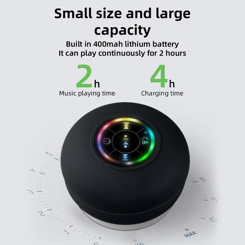 Waterproof Speaker, Portable Wireless Speaker With Suction Cup,USB Rechargeable Black Speaker With 2 Hours Play Time 3.7V 400mah Battery 5.0 Wireless Version Life For Parties, Bathroom, Travel, Home,And Outdoor For Thanksgiving Christmas New Year Gift