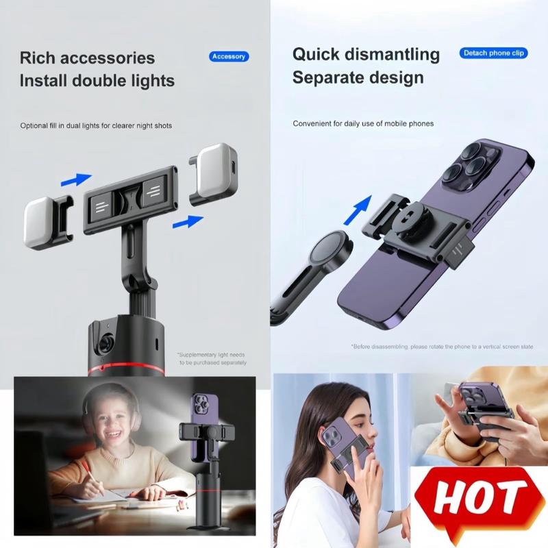 AI Face Recognition Phone Tripod for iPhone or Android - Cellphone Selfie Stick Gimbal - Smartphone with 360 degree rotation, adjustable height, easy storage, lighting for the perfect lighting in any location