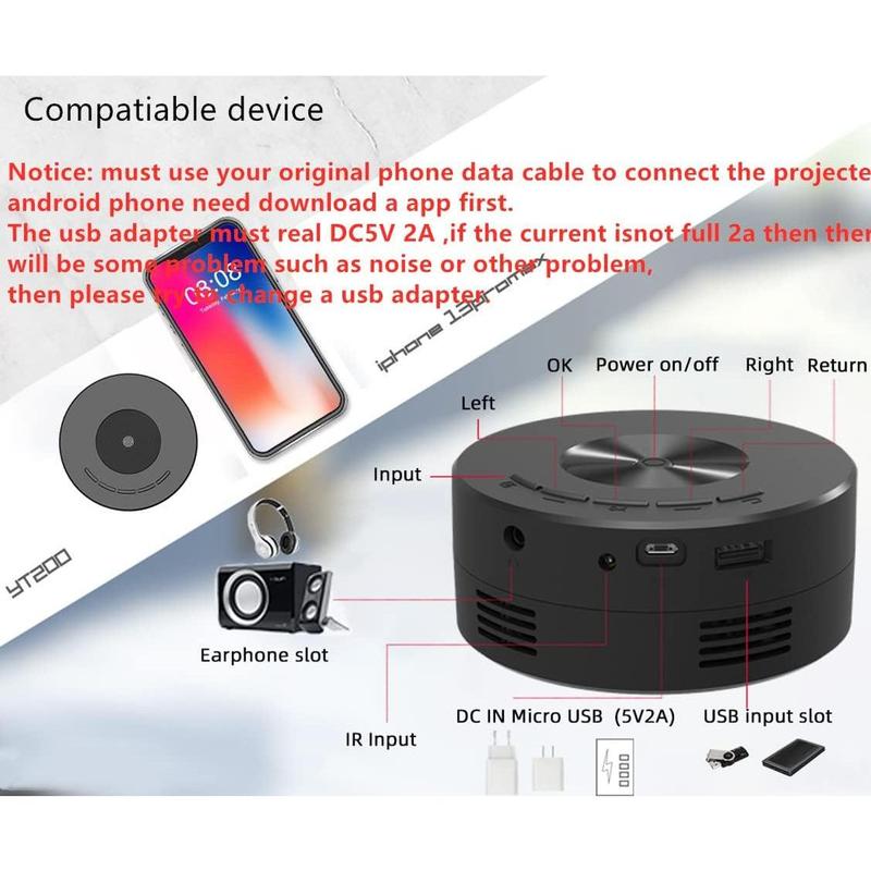 Portable Home Mini USB Projector for iPhone only with Remote Controller Built-in Speaker,Audio Port, iOS Phone ipad USB Flash Driver Compatible, black