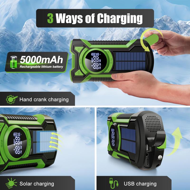 Solar Powered 5000mAh Radio, Waterproof Emergency Radio with Solar Panel, Portable Hand Crank Radio with Power Bank Function for Outdoor Camping Hiking