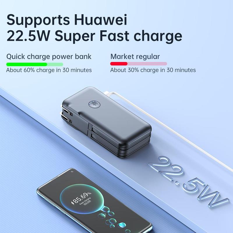 Portable Power Bank with US Standard Plug for Music Festival, 10000mAh Mobile Charger with 2 Wire Output Cables, Built-in SCP22.5W QC4.0+PD20W Fast Charging, Suitable for iPhone Android, Phone Accessories