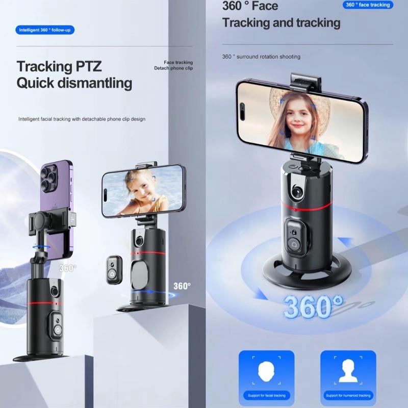 AI Face Recognition Phone Tripod for iPhone or Android - Cellphone Selfie Stick Gimbal - Smartphone with 360 degree rotation, adjustable height, easy storage, lighting for the perfect lighting in any location